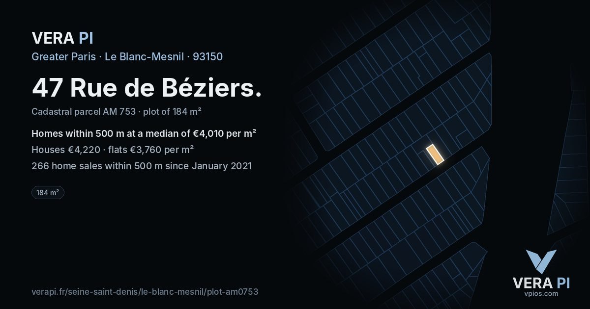47 Rue de Béziers, Le Blanc-Mesnil at night – the plot lit, the parcels around coloured by the prices near them
