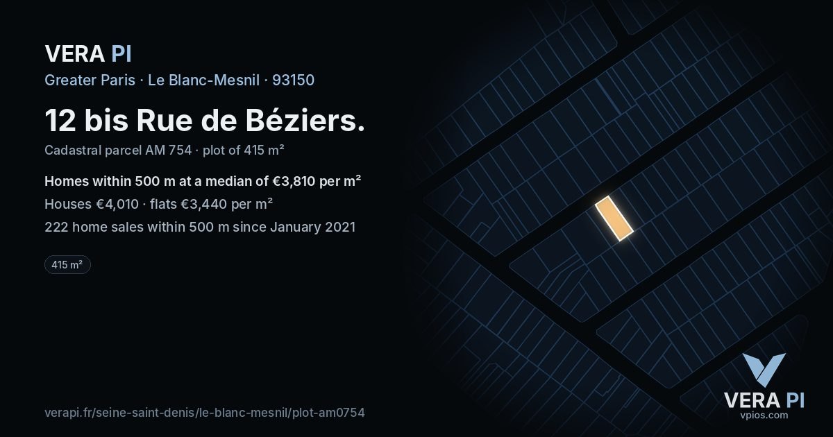 12 bis Rue de Béziers, Le Blanc-Mesnil at night – the plot lit, the parcels around coloured by the prices near them