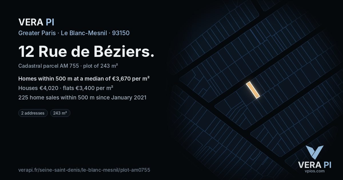 12 Rue de Béziers, Le Blanc-Mesnil at night – the plot lit, the parcels around coloured by the prices near them