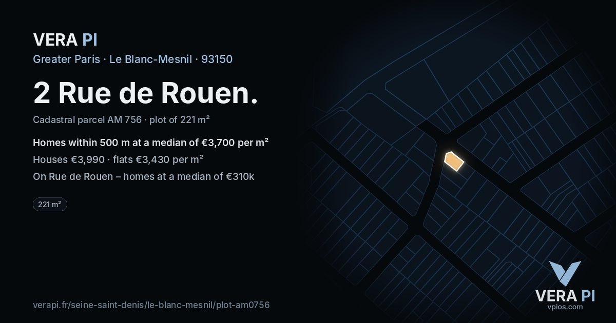 2 Rue de Rouen, Le Blanc-Mesnil at night – the plot lit, the parcels around coloured by the prices near them