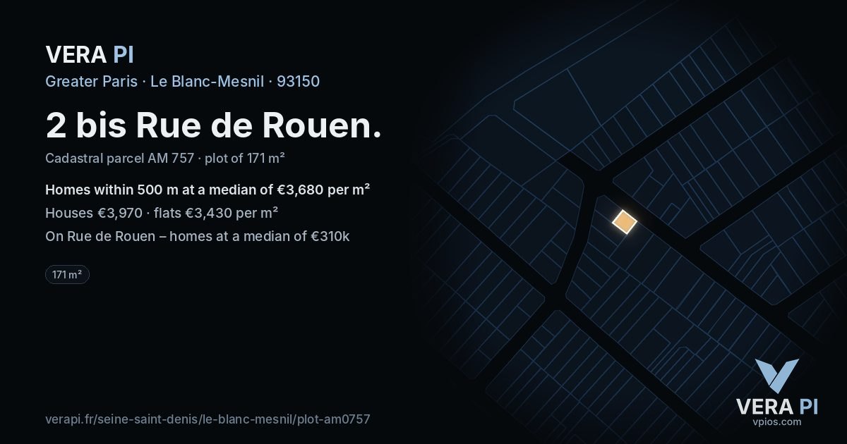 2 bis Rue de Rouen, Le Blanc-Mesnil at night – the plot lit, the parcels around coloured by the prices near them