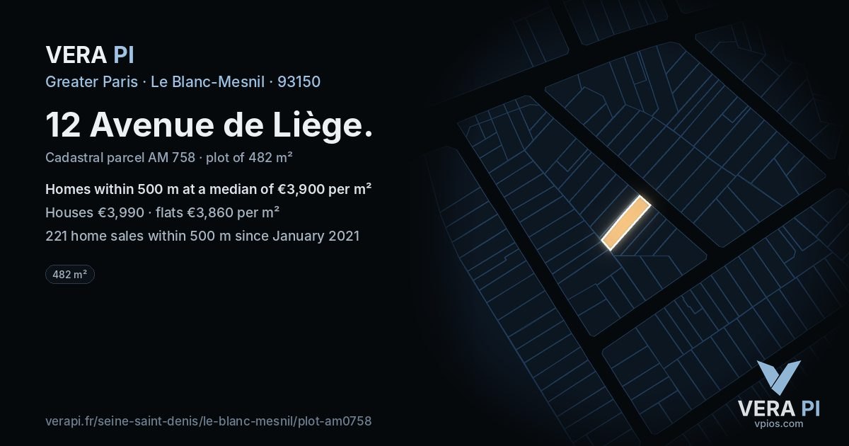 12 Avenue de Liège, Le Blanc-Mesnil at night – the plot lit, the parcels around coloured by the prices near them