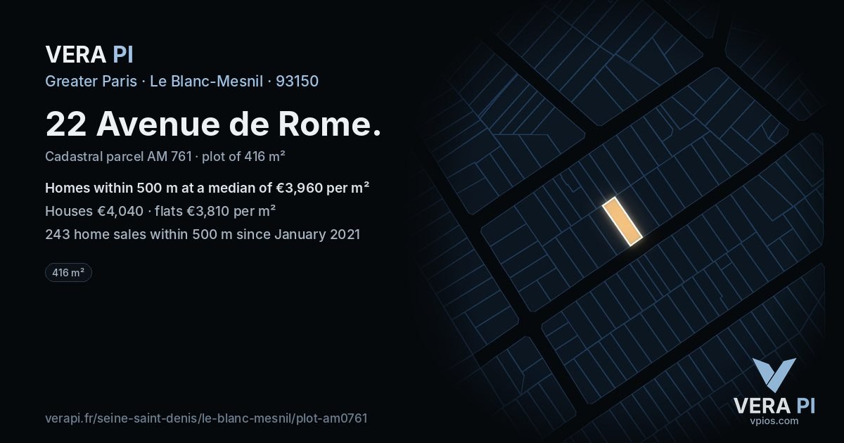 22 Avenue de Rome, Le Blanc-Mesnil at night – the plot lit, the parcels around coloured by the prices near them