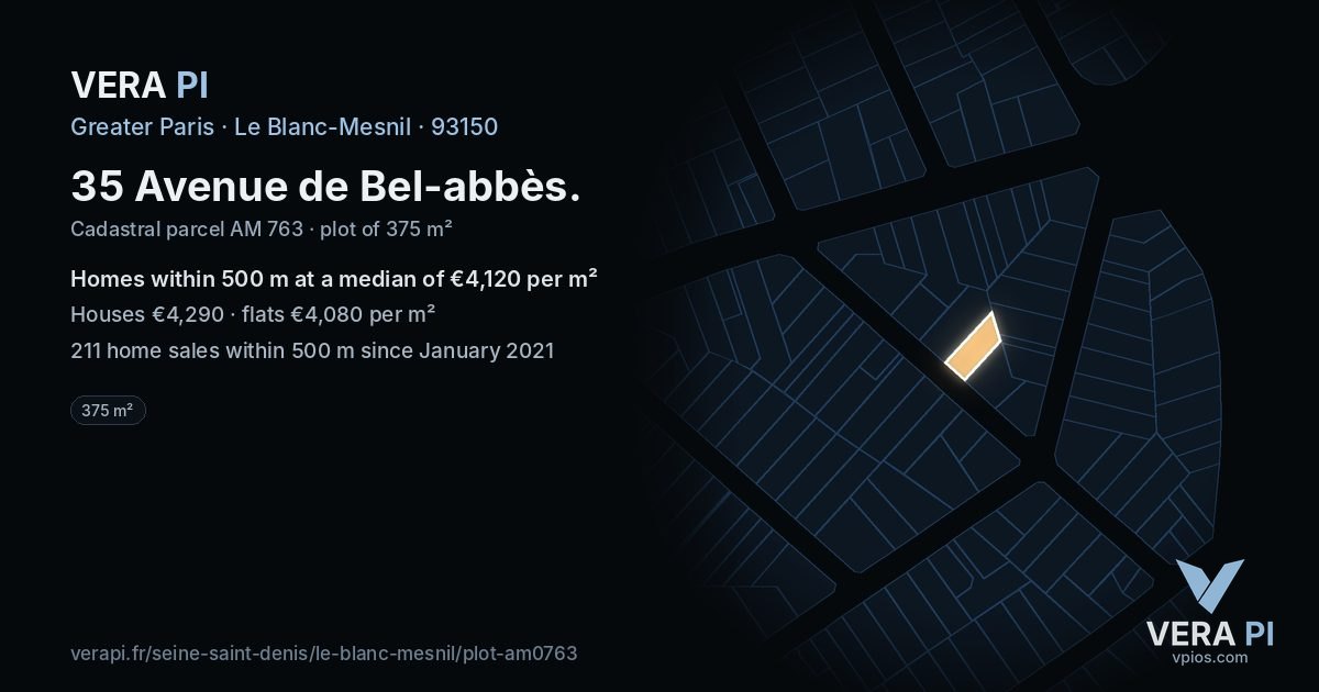 35 Avenue de Bel-abbès, Le Blanc-Mesnil at night – the plot lit, the parcels around coloured by the prices near them