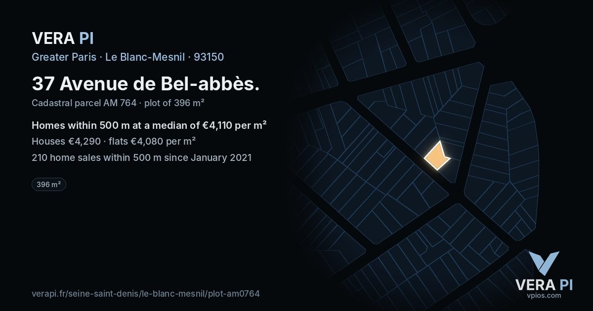 37 Avenue de Bel-abbès, Le Blanc-Mesnil at night – the plot lit, the parcels around coloured by the prices near them