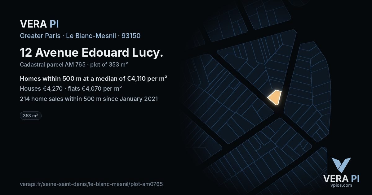 12 Avenue Edouard Lucy, Le Blanc-Mesnil at night – the plot lit, the parcels around coloured by the prices near them