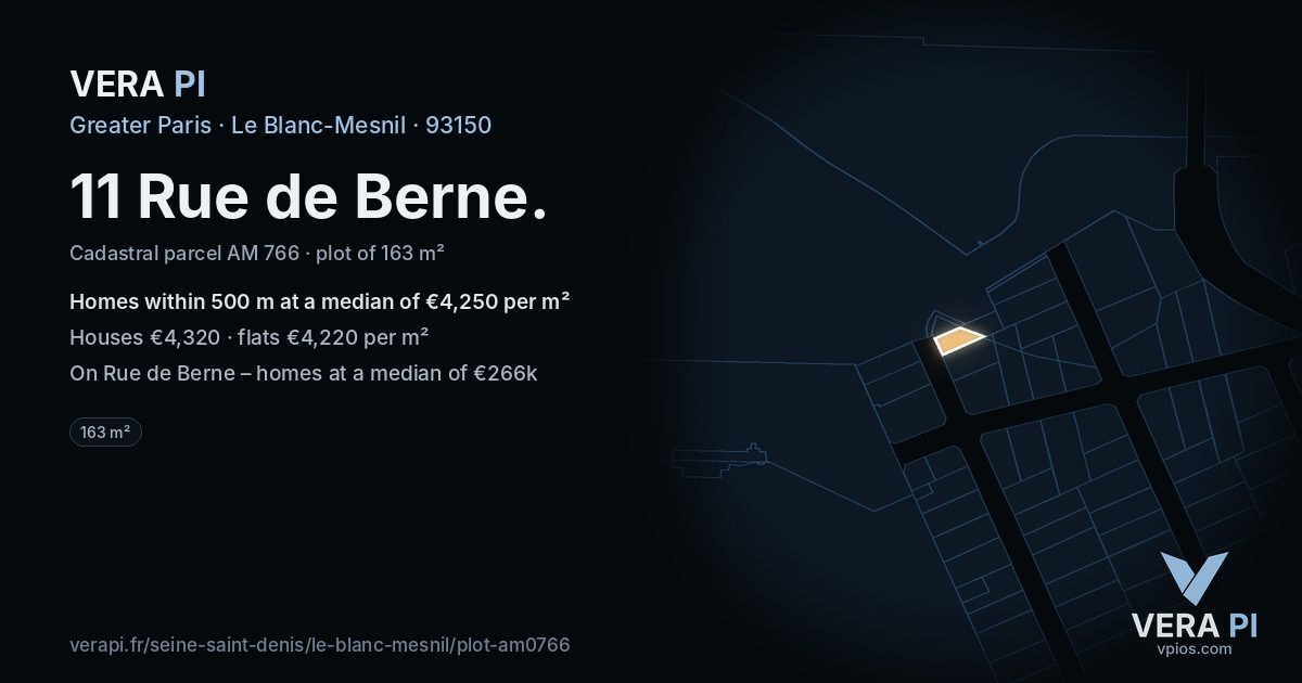 11 Rue de Berne, Le Blanc-Mesnil at night – the plot lit, the parcels around coloured by the prices near them