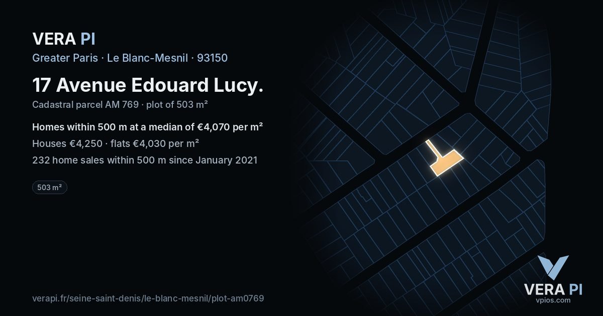 17 Avenue Edouard Lucy, Le Blanc-Mesnil at night – the plot lit, the parcels around coloured by the prices near them