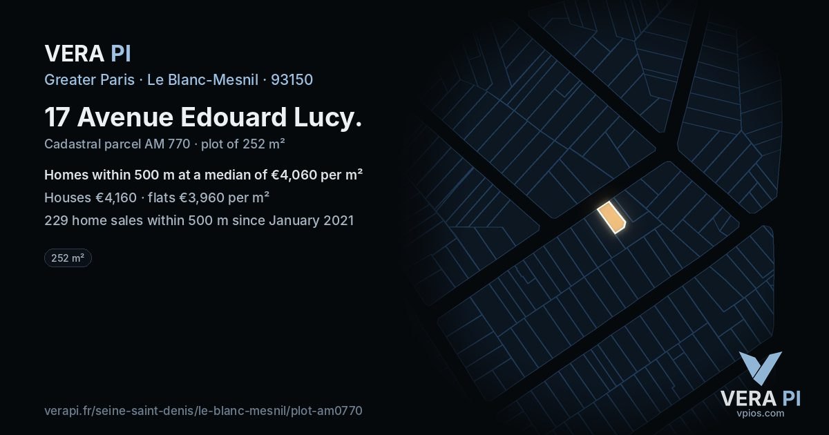 17 Avenue Edouard Lucy, Le Blanc-Mesnil at night – the plot lit, the parcels around coloured by the prices near them