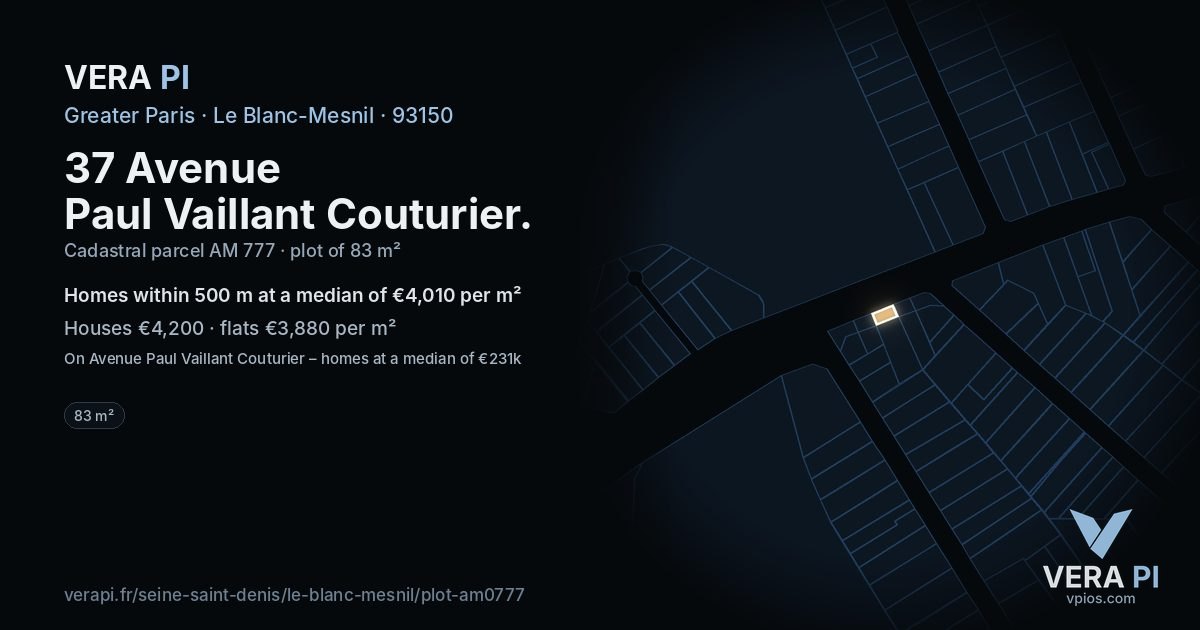 37 Avenue Paul Vaillant Couturier, Le Blanc-Mesnil at night – the plot lit, the parcels around coloured by the prices near them