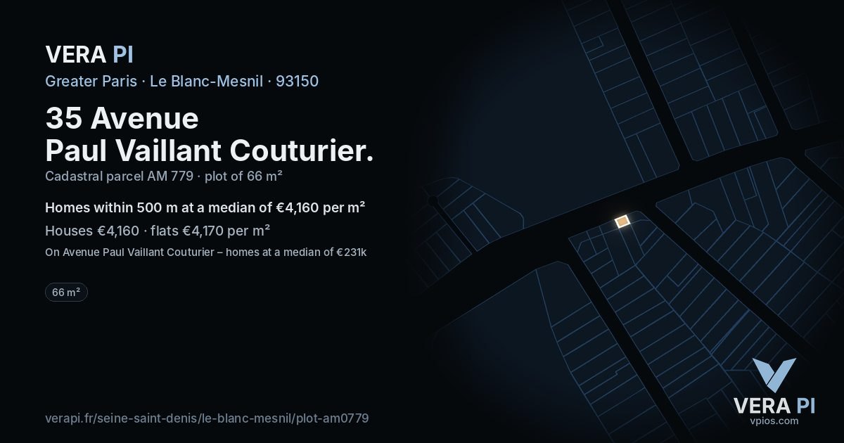 35 Avenue Paul Vaillant Couturier, Le Blanc-Mesnil at night – the plot lit, the parcels around coloured by the prices near them