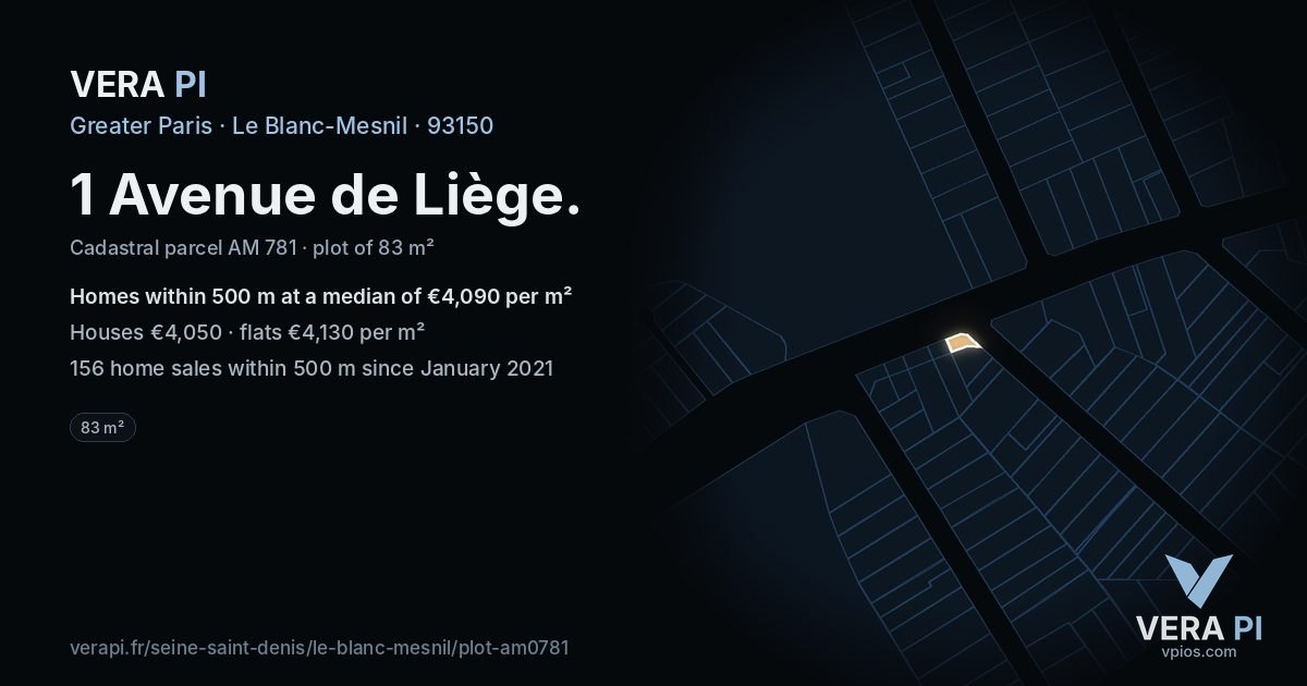1 Avenue de Liège, Le Blanc-Mesnil at night – the plot lit, the parcels around coloured by the prices near them