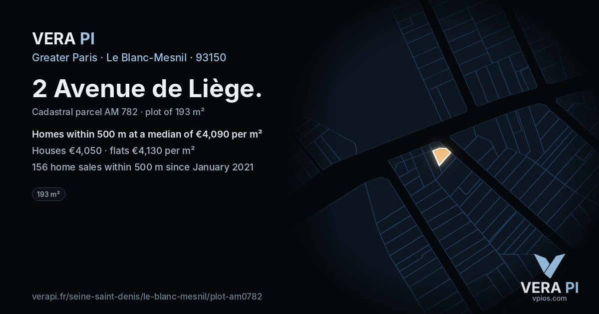2 Avenue de Liège, Le Blanc-Mesnil at night – the plot lit, the parcels around coloured by the prices near them