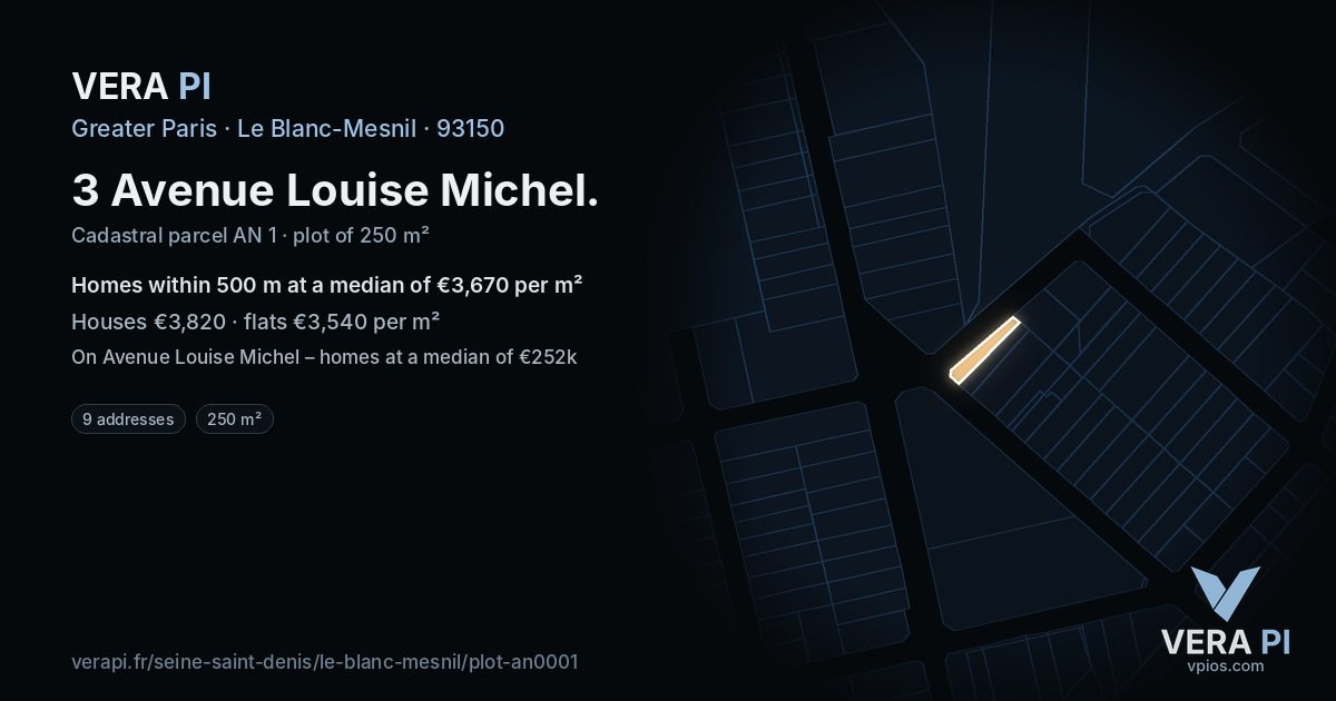 3 Avenue Louise Michel, Le Blanc-Mesnil at night – the plot lit, the parcels around coloured by the prices near them