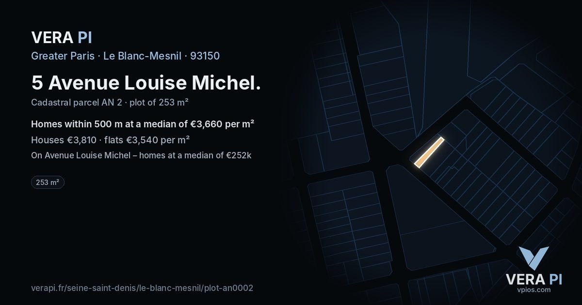 5 Avenue Louise Michel, Le Blanc-Mesnil at night – the plot lit, the parcels around coloured by the prices near them