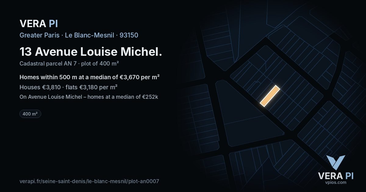 13 Avenue Louise Michel, Le Blanc-Mesnil at night – the plot lit, the parcels around coloured by the prices near them
