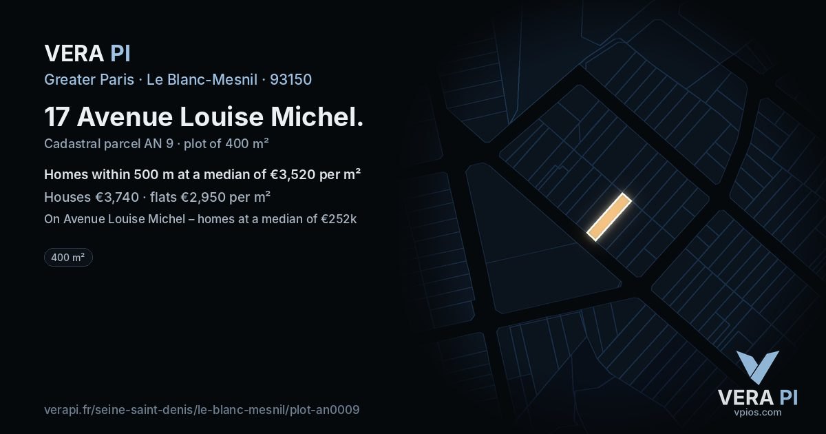 17 Avenue Louise Michel, Le Blanc-Mesnil at night – the plot lit, the parcels around coloured by the prices near them