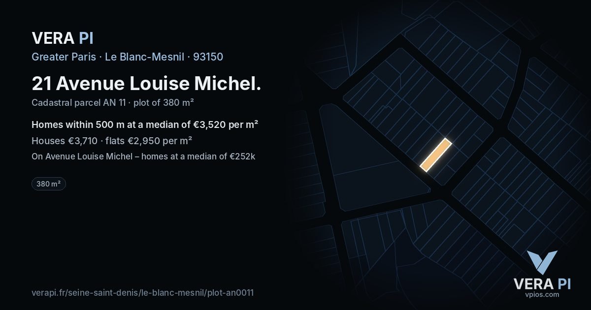 21 Avenue Louise Michel, Le Blanc-Mesnil at night – the plot lit, the parcels around coloured by the prices near them