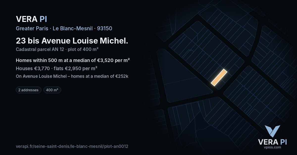23 bis Avenue Louise Michel, Le Blanc-Mesnil at night – the plot lit, the parcels around coloured by the prices near them