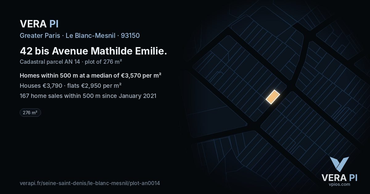 42 bis Avenue Mathilde Emilie, Le Blanc-Mesnil at night – the plot lit, the parcels around coloured by the prices near them