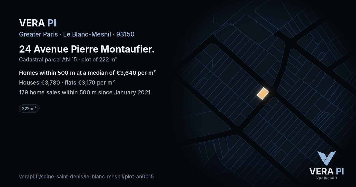 24 Avenue Pierre Montaufier, Le Blanc-Mesnil at night – the plot lit, the parcels around coloured by the prices near them