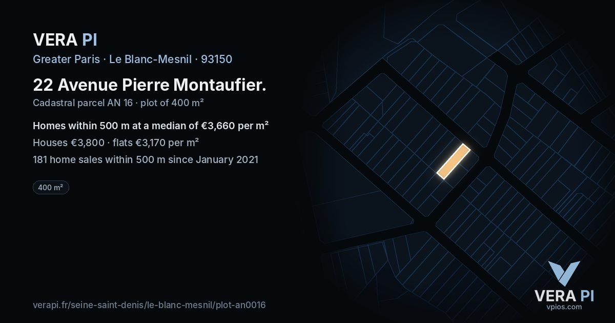22 Avenue Pierre Montaufier, Le Blanc-Mesnil at night – the plot lit, the parcels around coloured by the prices near them