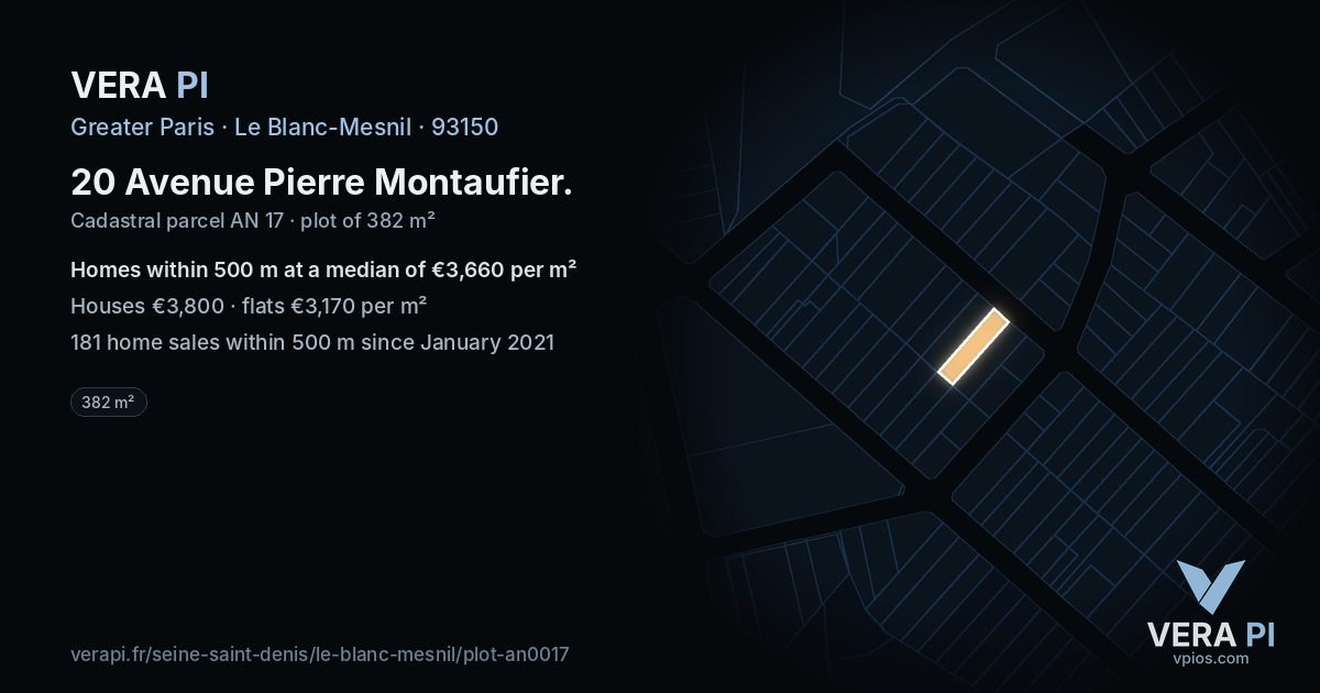 20 Avenue Pierre Montaufier, Le Blanc-Mesnil at night – the plot lit, the parcels around coloured by the prices near them