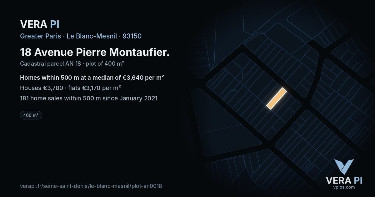 18 Avenue Pierre Montaufier, Le Blanc-Mesnil at night – the plot lit, the parcels around coloured by the prices near them