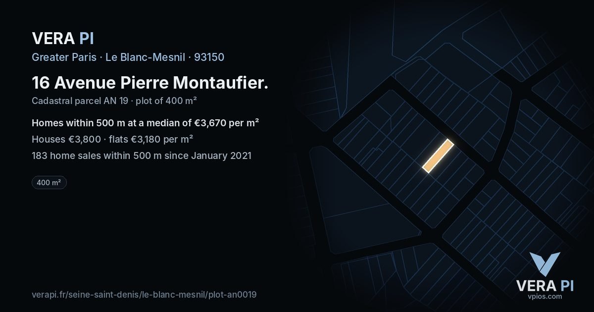 16 Avenue Pierre Montaufier, Le Blanc-Mesnil at night – the plot lit, the parcels around coloured by the prices near them