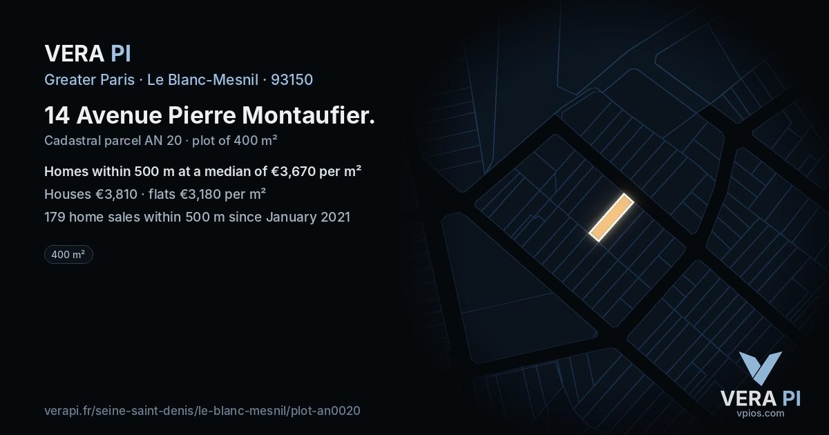 14 Avenue Pierre Montaufier, Le Blanc-Mesnil at night – the plot lit, the parcels around coloured by the prices near them