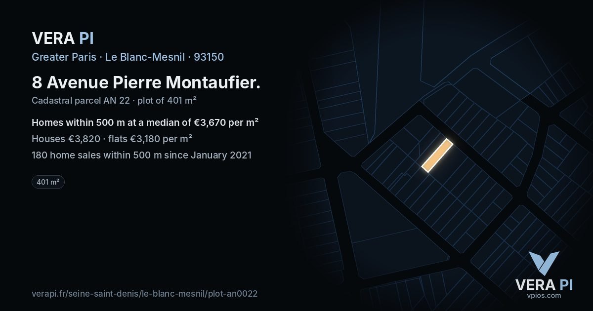 8 Avenue Pierre Montaufier, Le Blanc-Mesnil at night – the plot lit, the parcels around coloured by the prices near them