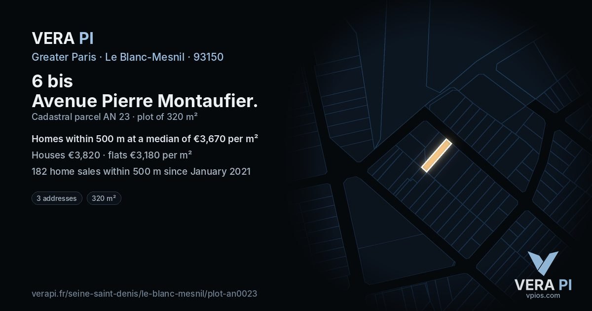 6 bis Avenue Pierre Montaufier, Le Blanc-Mesnil at night – the plot lit, the parcels around coloured by the prices near them