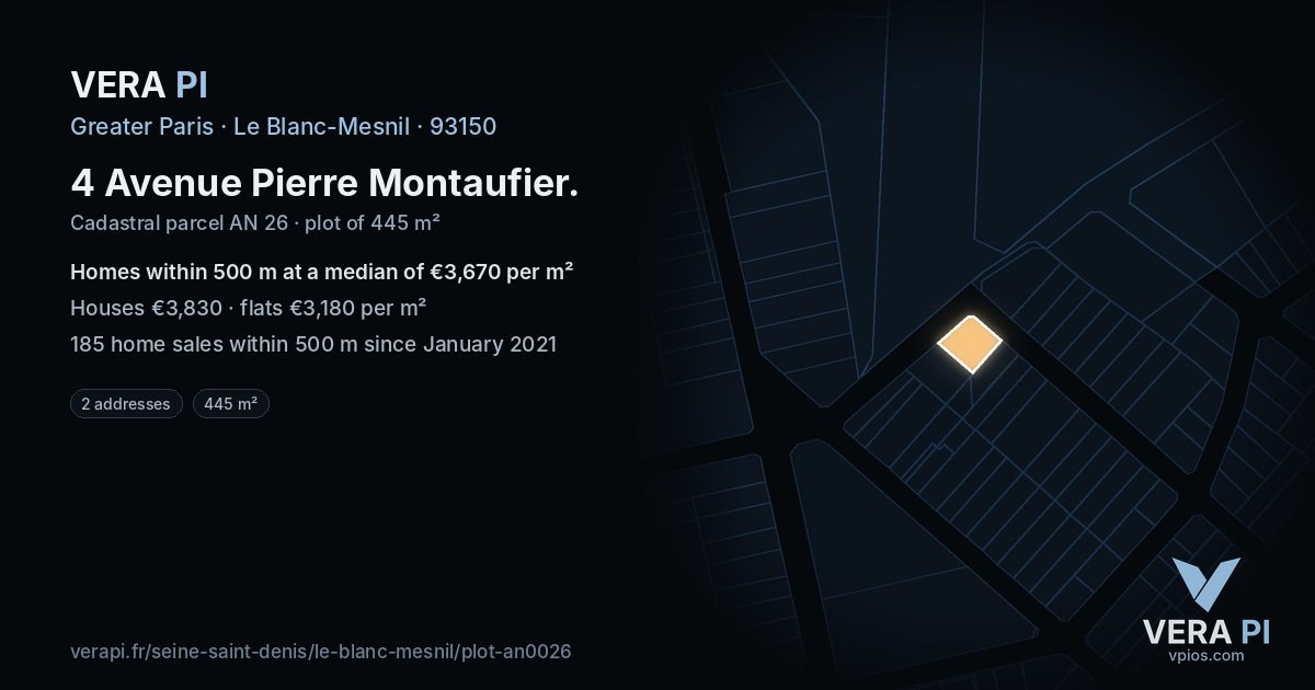 4 Avenue Pierre Montaufier, Le Blanc-Mesnil at night – the plot lit, the parcels around coloured by the prices near them