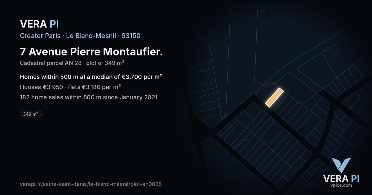 7 Avenue Pierre Montaufier, Le Blanc-Mesnil at night – the plot lit, the parcels around coloured by the prices near them