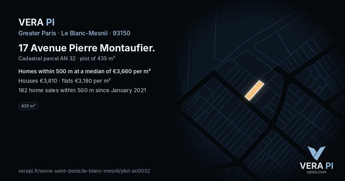 17 Avenue Pierre Montaufier, Le Blanc-Mesnil at night – the plot lit, the parcels around coloured by the prices near them