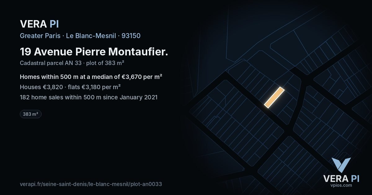 19 Avenue Pierre Montaufier, Le Blanc-Mesnil at night – the plot lit, the parcels around coloured by the prices near them
