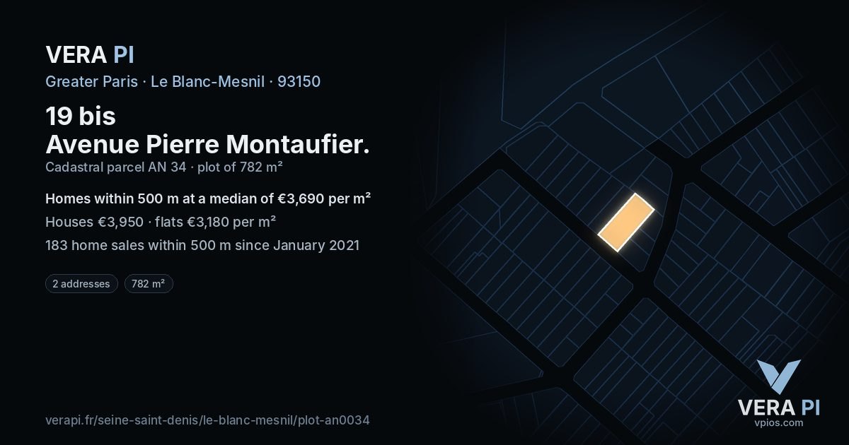 19 bis Avenue Pierre Montaufier, Le Blanc-Mesnil at night – the plot lit, the parcels around coloured by the prices near them