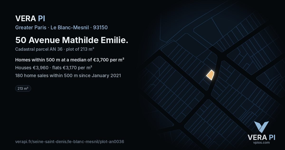 50 Avenue Mathilde Emilie, Le Blanc-Mesnil at night – the plot lit, the parcels around coloured by the prices near them