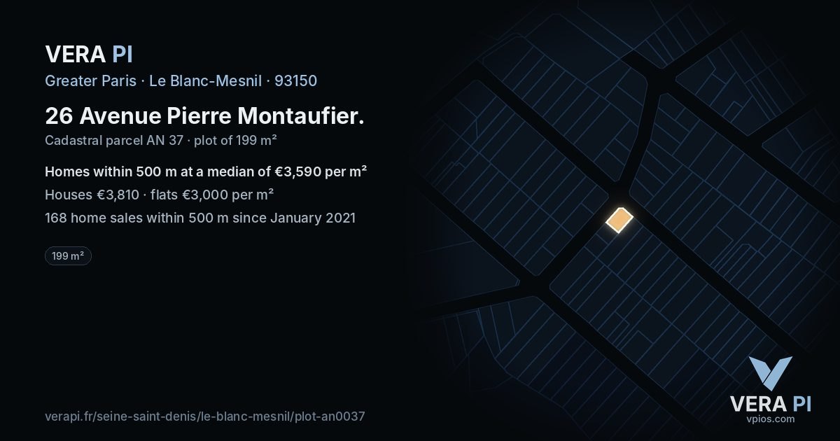 26 Avenue Pierre Montaufier, Le Blanc-Mesnil at night – the plot lit, the parcels around coloured by the prices near them