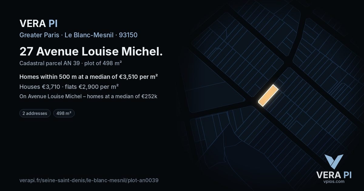 27 Avenue Louise Michel, Le Blanc-Mesnil at night – the plot lit, the parcels around coloured by the prices near them
