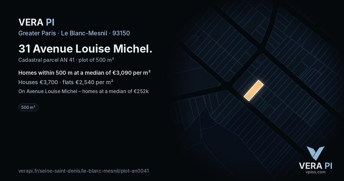 31 Avenue Louise Michel, Le Blanc-Mesnil at night – the plot lit, the parcels around coloured by the prices near them