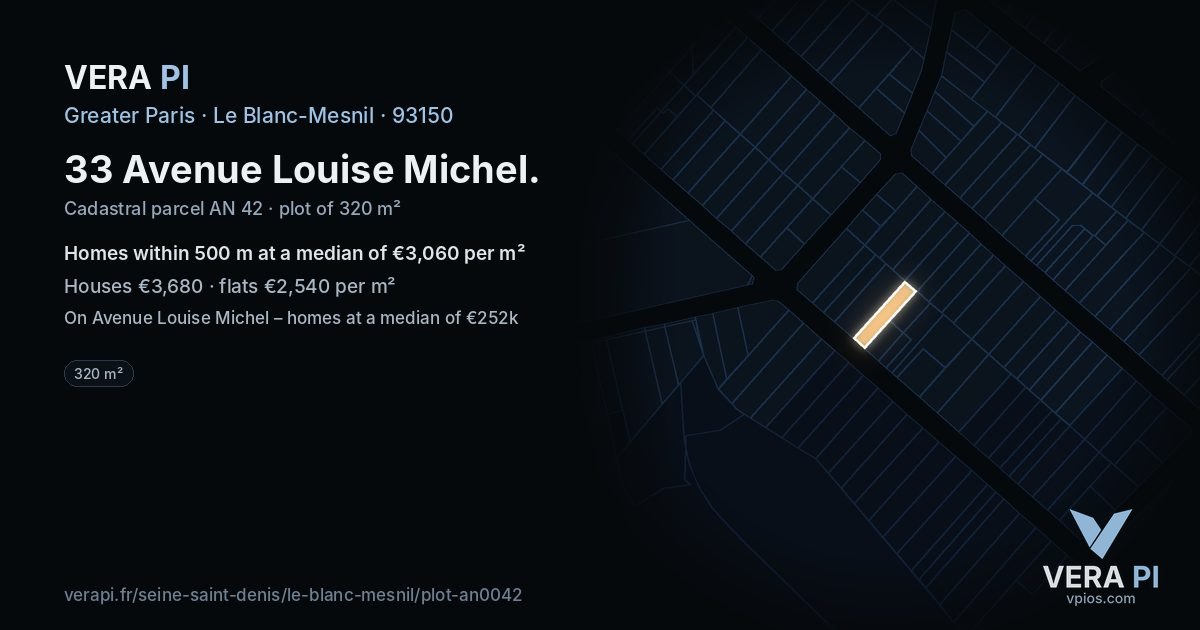 33 Avenue Louise Michel, Le Blanc-Mesnil at night – the plot lit, the parcels around coloured by the prices near them