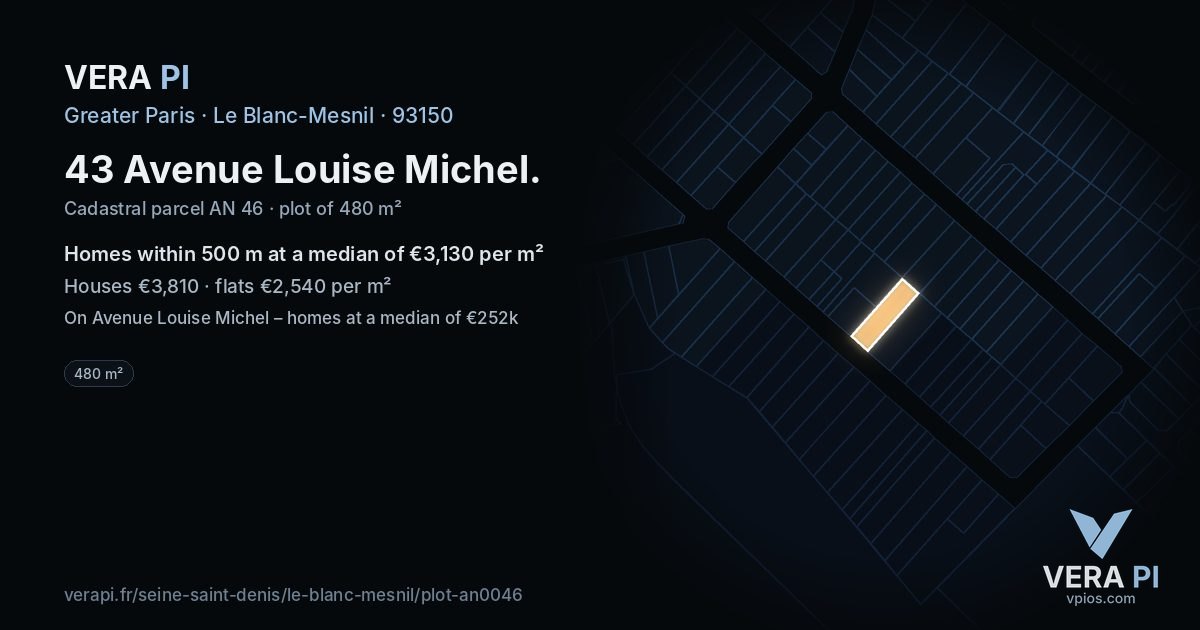 43 Avenue Louise Michel, Le Blanc-Mesnil at night – the plot lit, the parcels around coloured by the prices near them