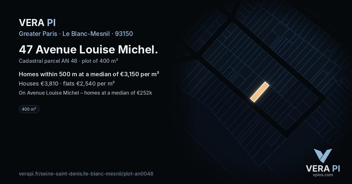 47 Avenue Louise Michel, Le Blanc-Mesnil at night – the plot lit, the parcels around coloured by the prices near them