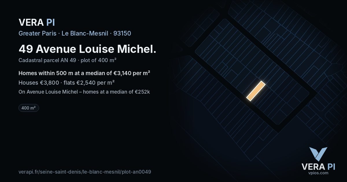 49 Avenue Louise Michel, Le Blanc-Mesnil at night – the plot lit, the parcels around coloured by the prices near them