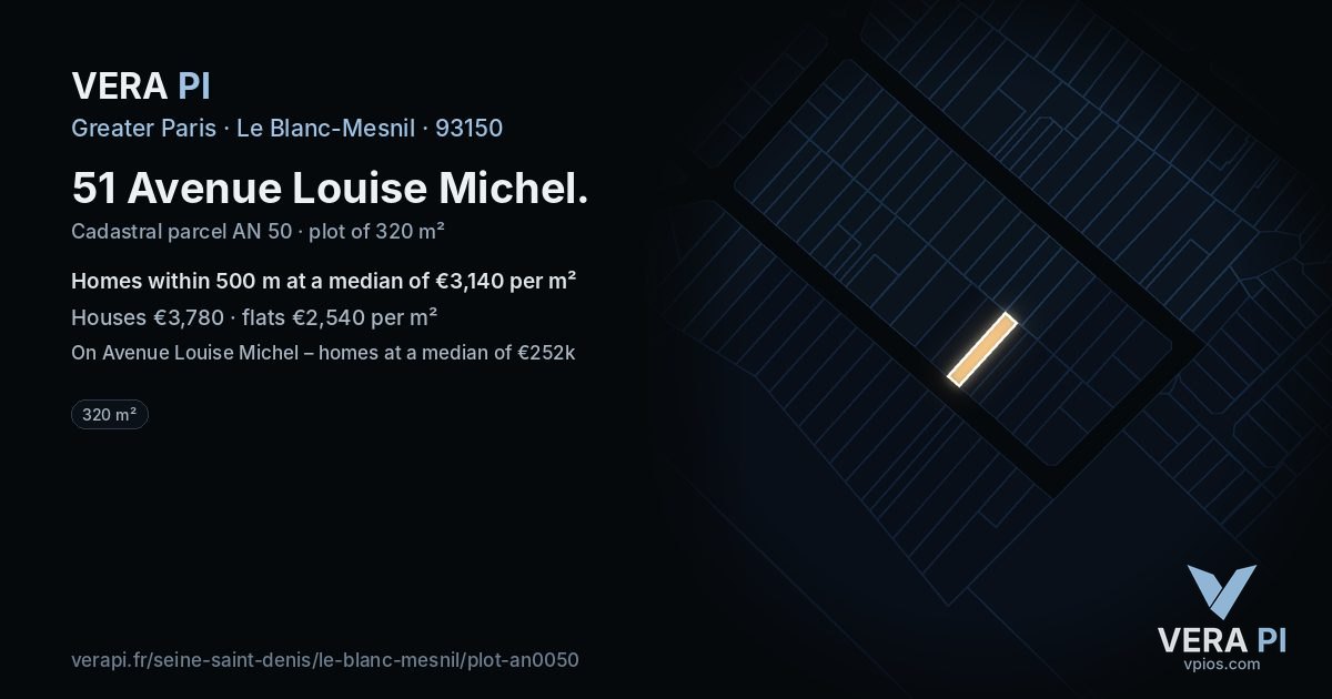 51 Avenue Louise Michel, Le Blanc-Mesnil at night – the plot lit, the parcels around coloured by the prices near them