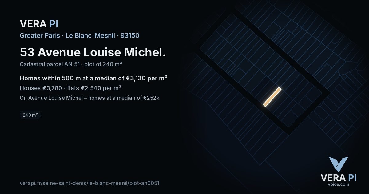 53 Avenue Louise Michel, Le Blanc-Mesnil at night – the plot lit, the parcels around coloured by the prices near them