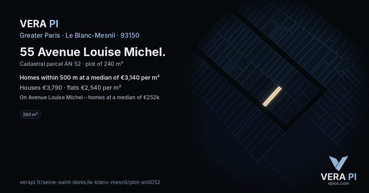 55 Avenue Louise Michel, Le Blanc-Mesnil at night – the plot lit, the parcels around coloured by the prices near them