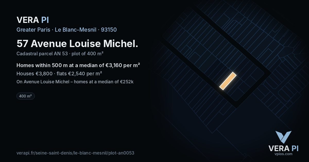 57 Avenue Louise Michel, Le Blanc-Mesnil at night – the plot lit, the parcels around coloured by the prices near them