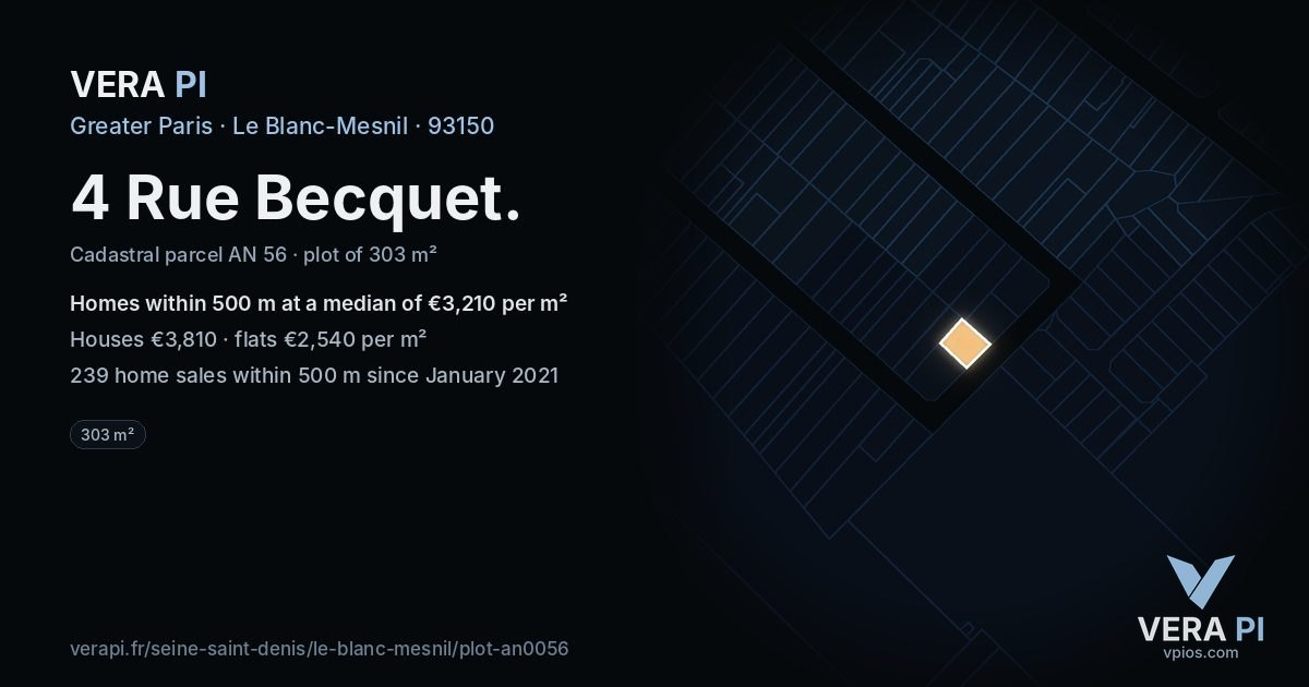 4 Rue Becquet, Le Blanc-Mesnil at night – the plot lit, the parcels around coloured by the prices near them